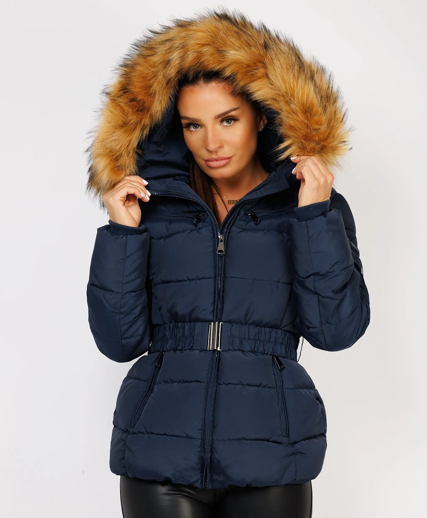 Navy Padded Waist Belted Faux Fur Hooded Jacket