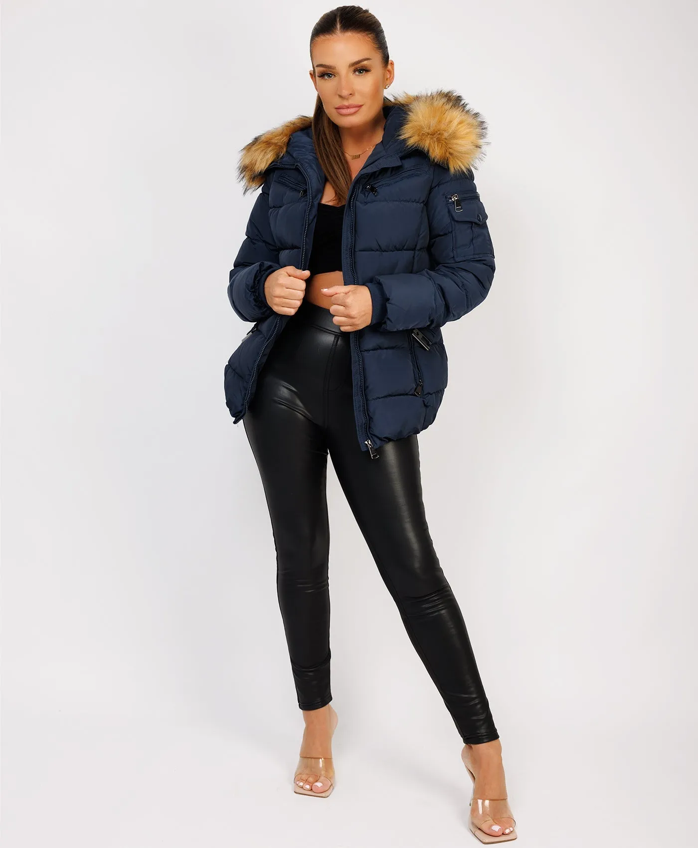 Navy Padded Waist Belted Faux Fur Hooded Jacket