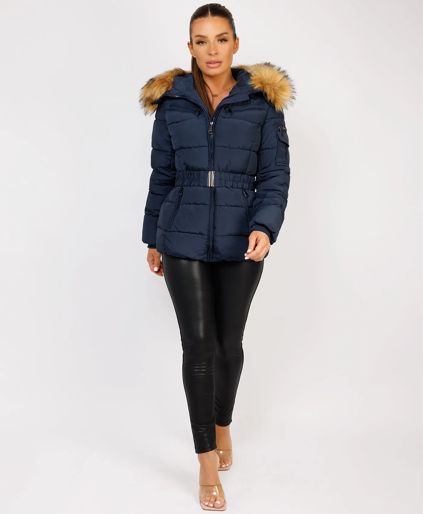 Navy Padded Waist Belted Faux Fur Hooded Jacket