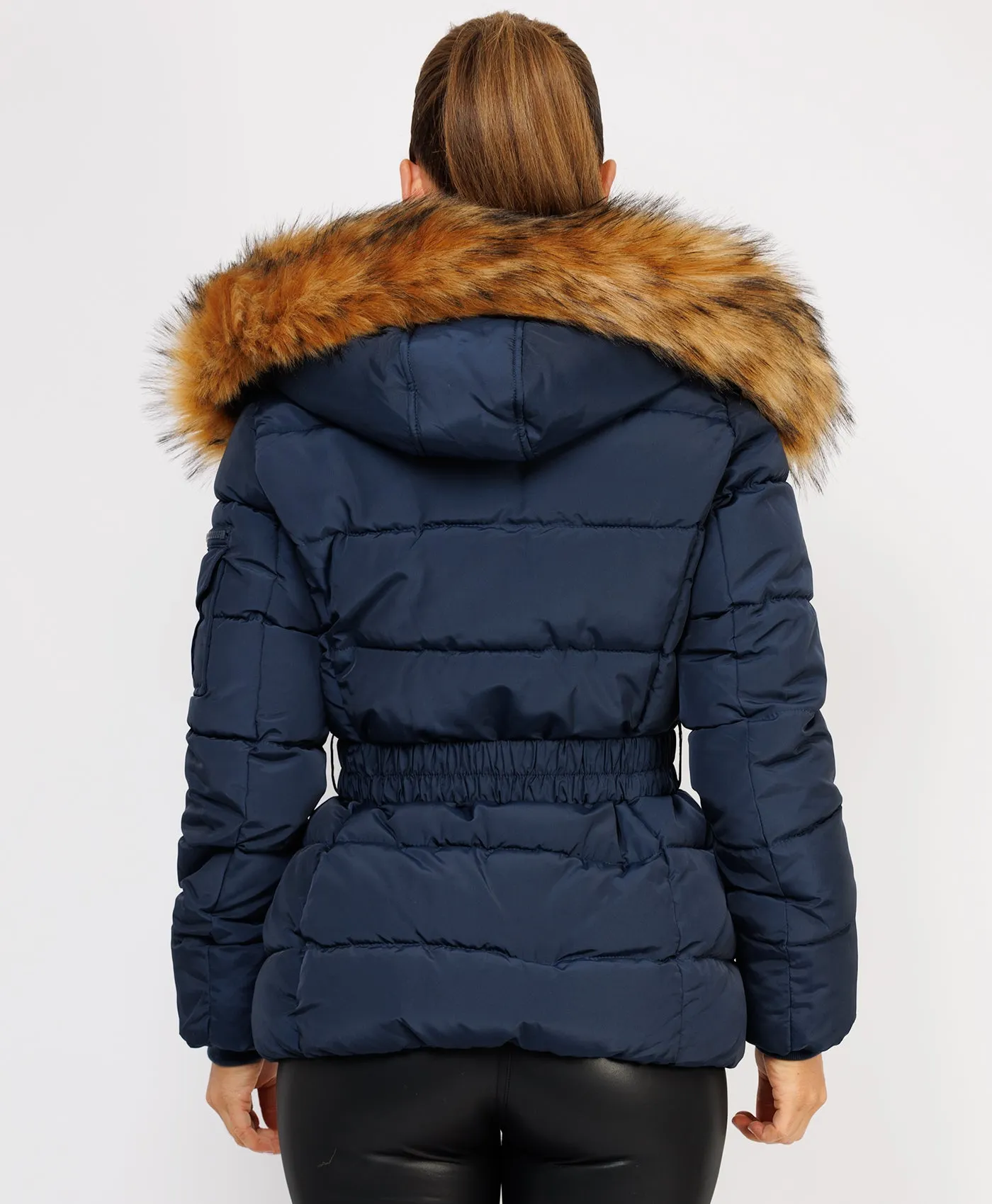 Navy Padded Waist Belted Faux Fur Hooded Jacket