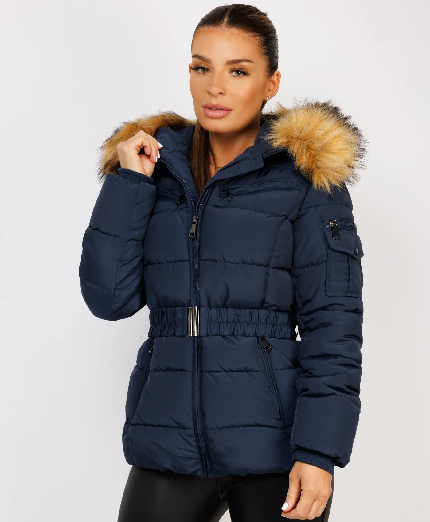 Navy Padded Waist Belted Faux Fur Hooded Jacket