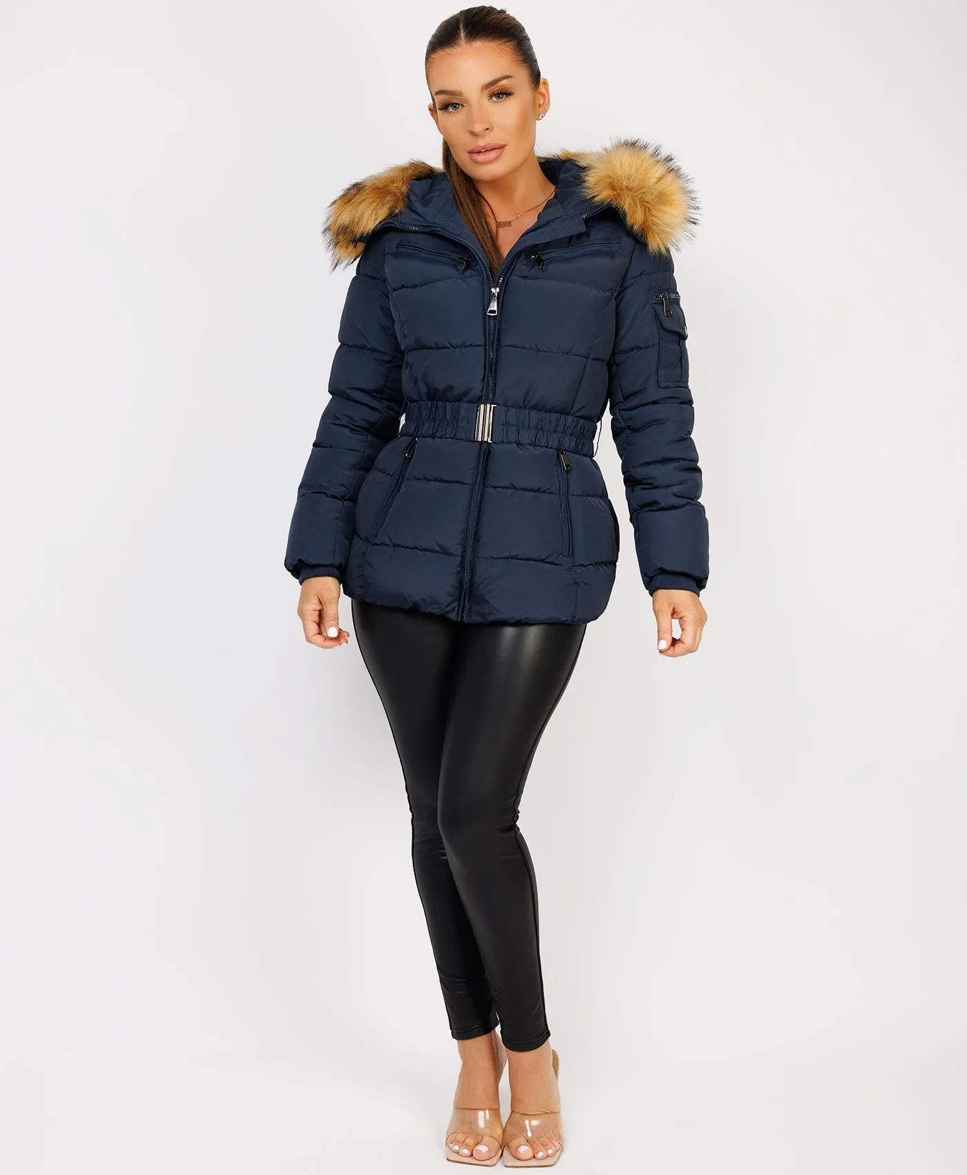 Navy Padded Waist Belted Faux Fur Hooded Jacket