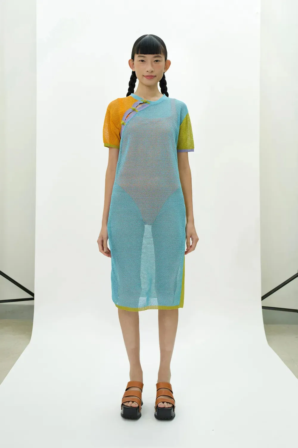 Netty Midi Dress in Sky/Citrus Cotton Cord