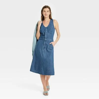 New - Women's Denim Midi Dress - Universal Thread Sky Blue 00