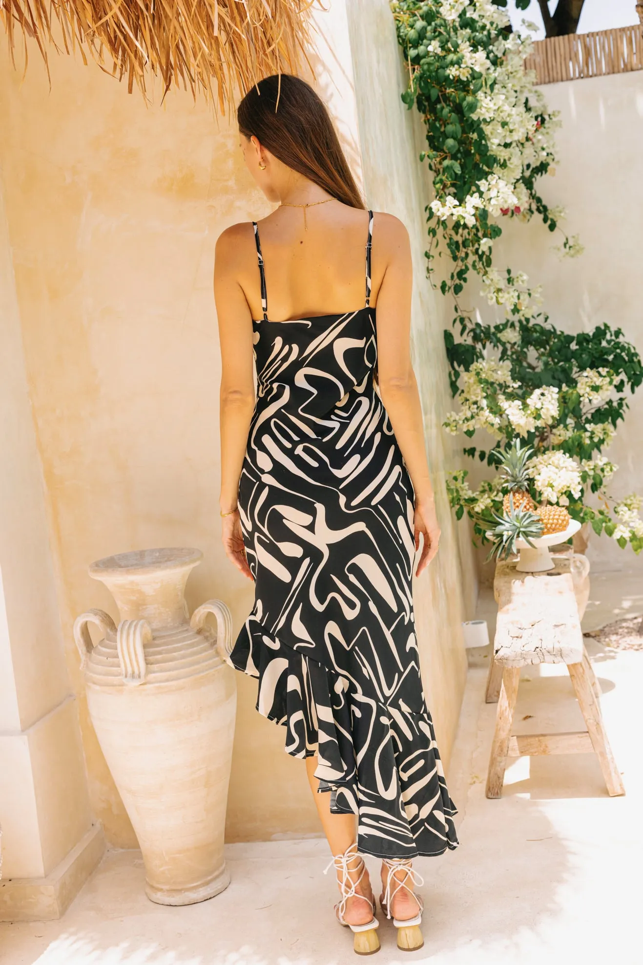 Niko Black Abstract Asymmetric Maxi Dress