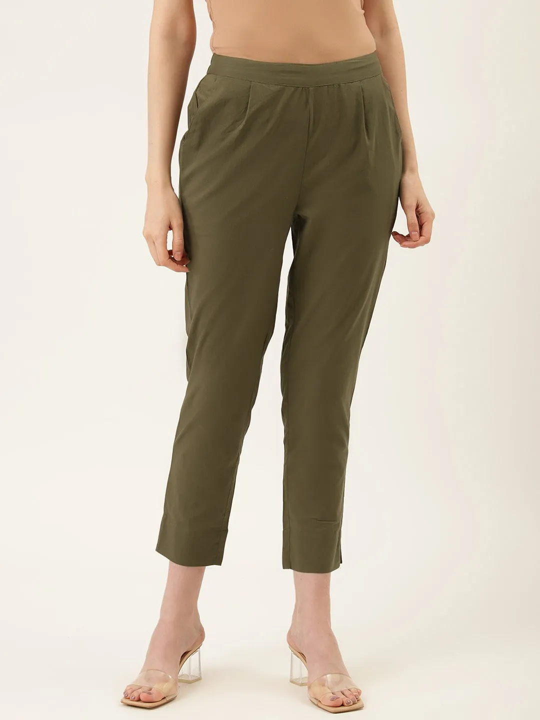 Olive Green Ethnic Wear Cotton Pants