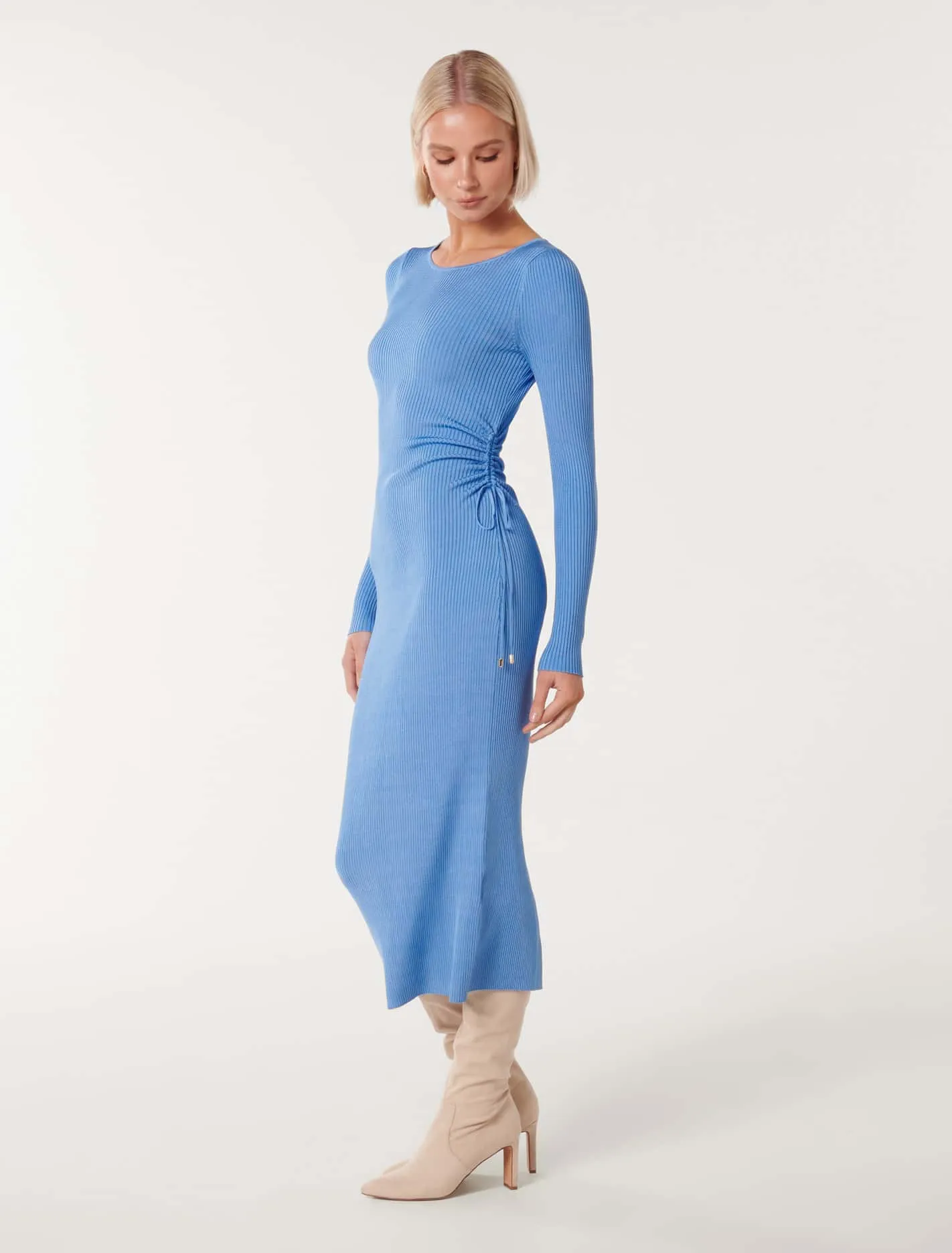 Olivia Ruched Rib Midi Knit Dress