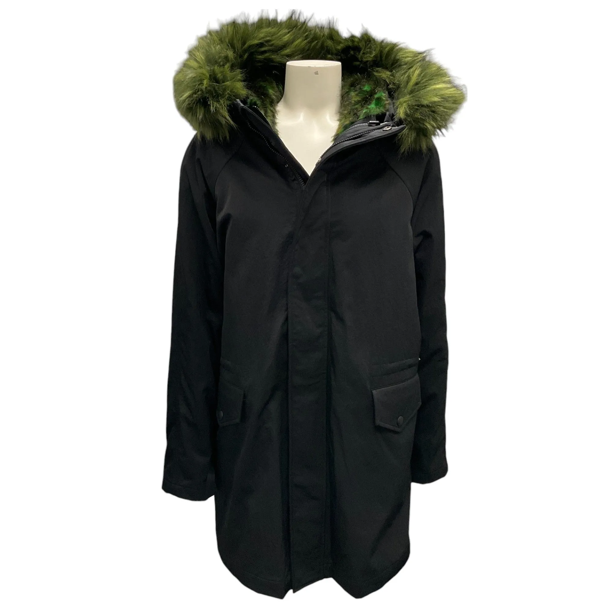 Opening Ceremony Black / Green Faux Fur Trimmed Hooded Parka Coat