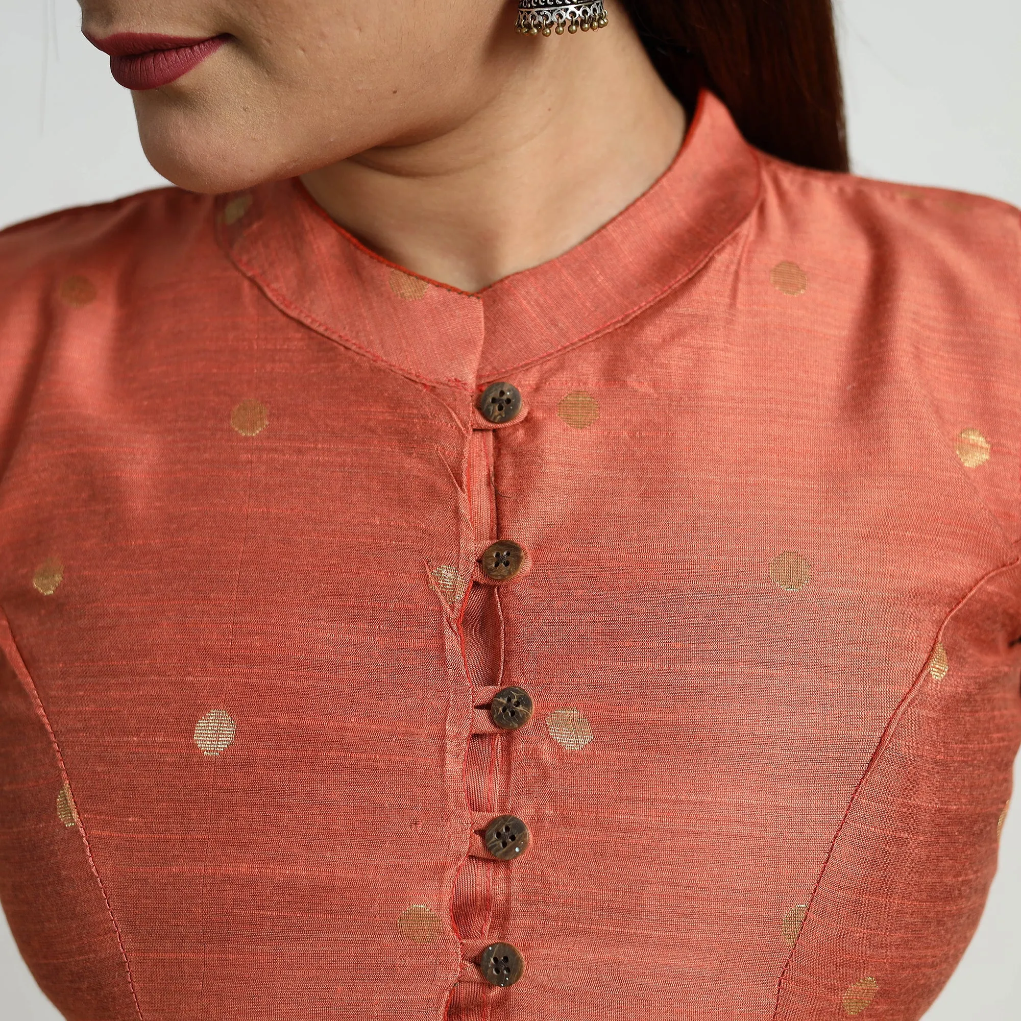 Orange - Polka Dot Zari Buti Silk Stitched Plain Blouse 03