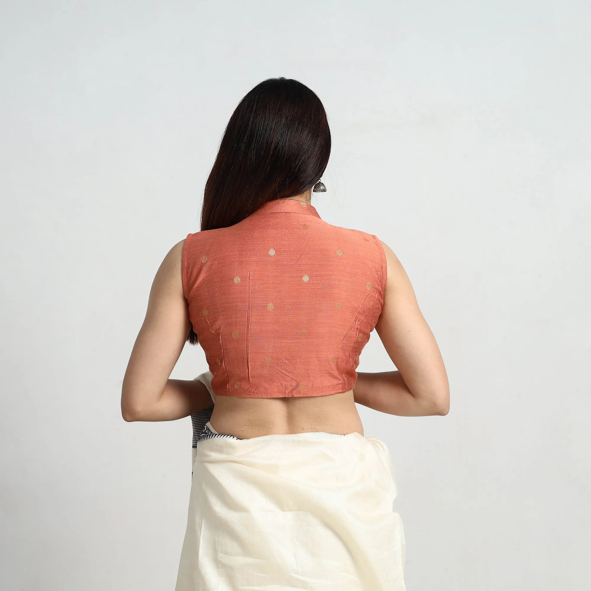 Orange - Polka Dot Zari Buti Silk Stitched Plain Blouse 03