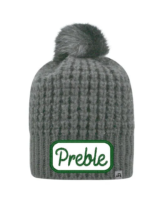 Preble Embroidered Patch Beanie Winter Hats - Green Chainstitich Patch