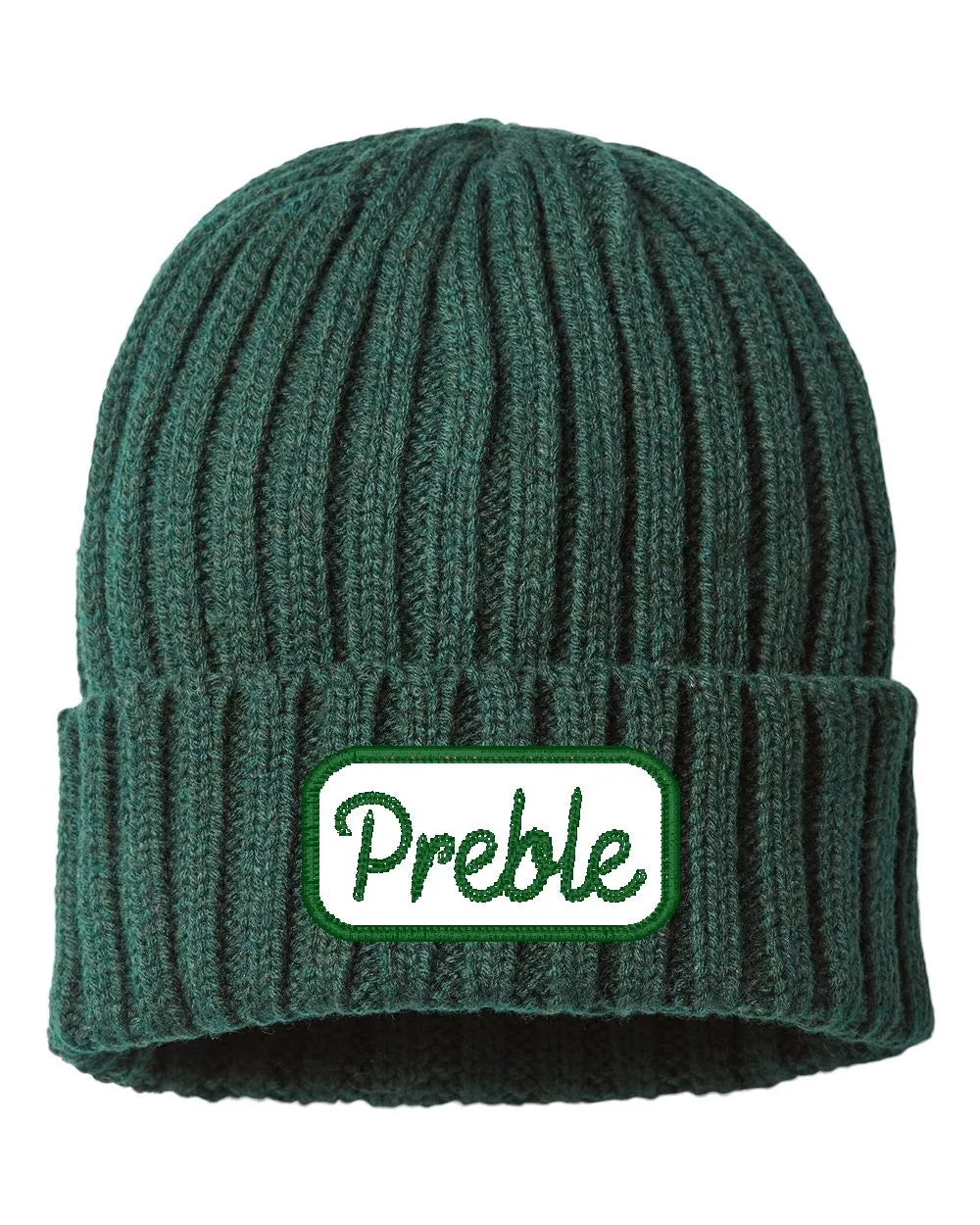 Preble Embroidered Patch Beanie Winter Hats - Green Chainstitich Patch