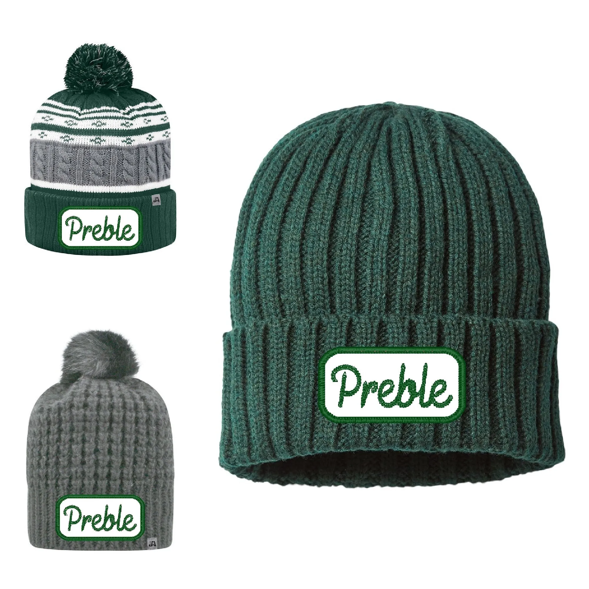 Preble Embroidered Patch Beanie Winter Hats - Green Chainstitich Patch