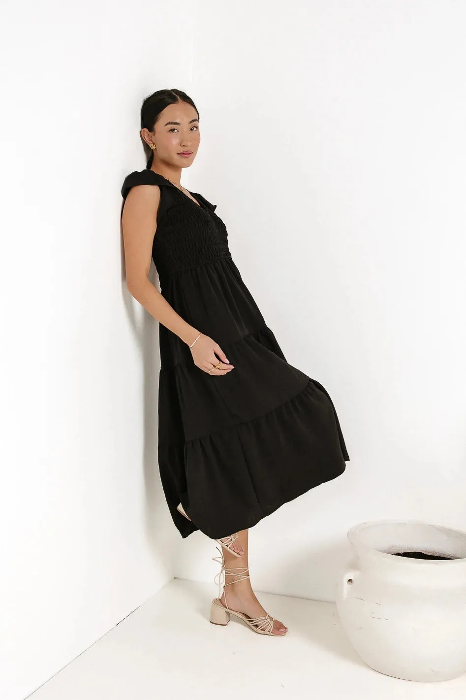 Rain Smocked Midi Dress in Black