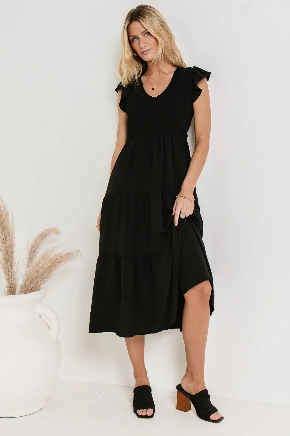 Rain Smocked Midi Dress in Black