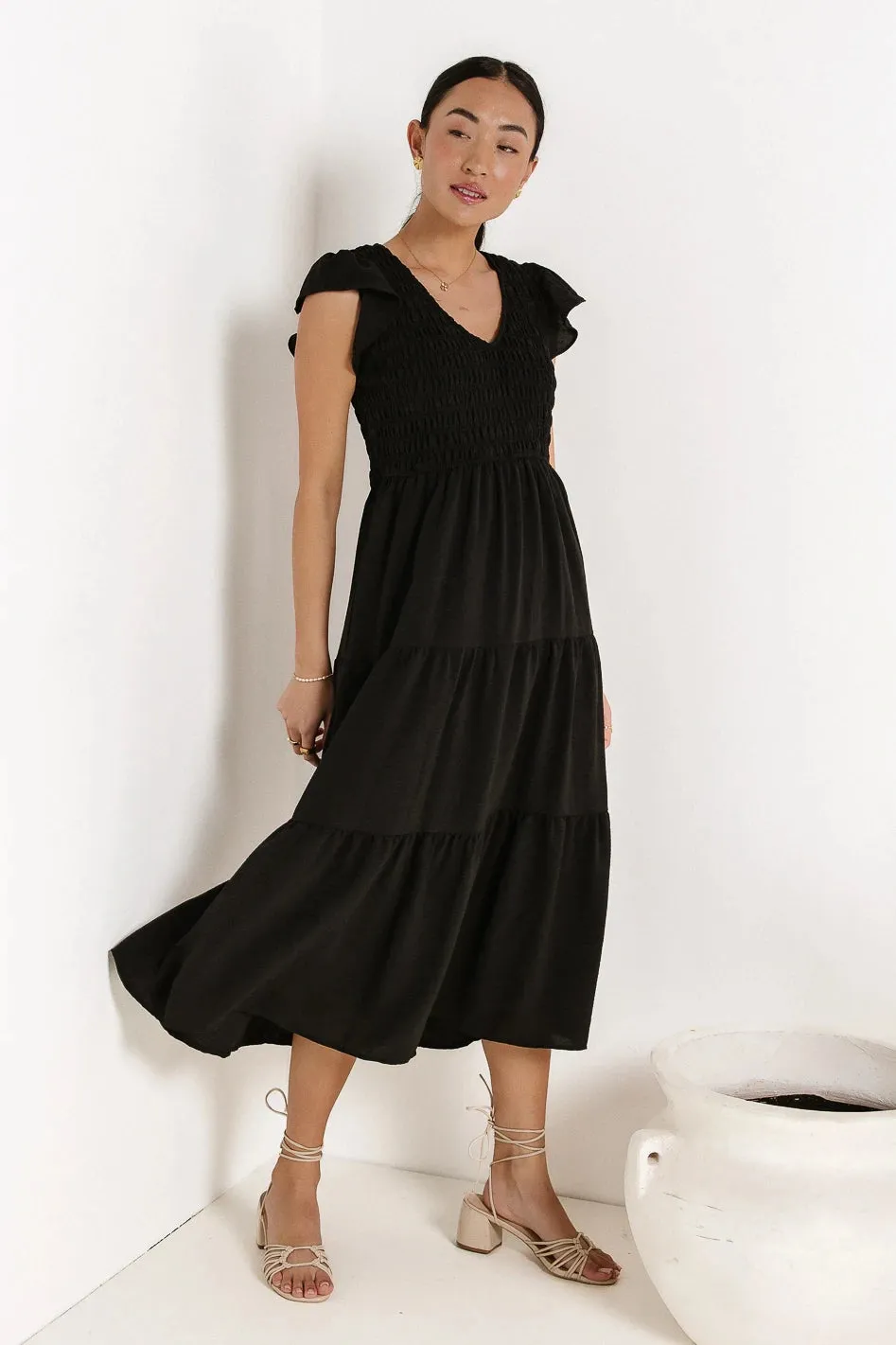 Rain Smocked Midi Dress in Black