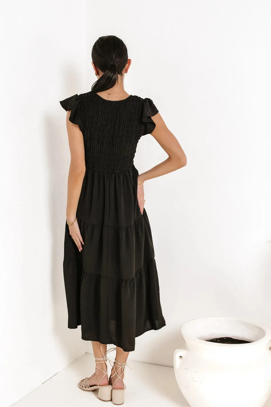 Rain Smocked Midi Dress in Black