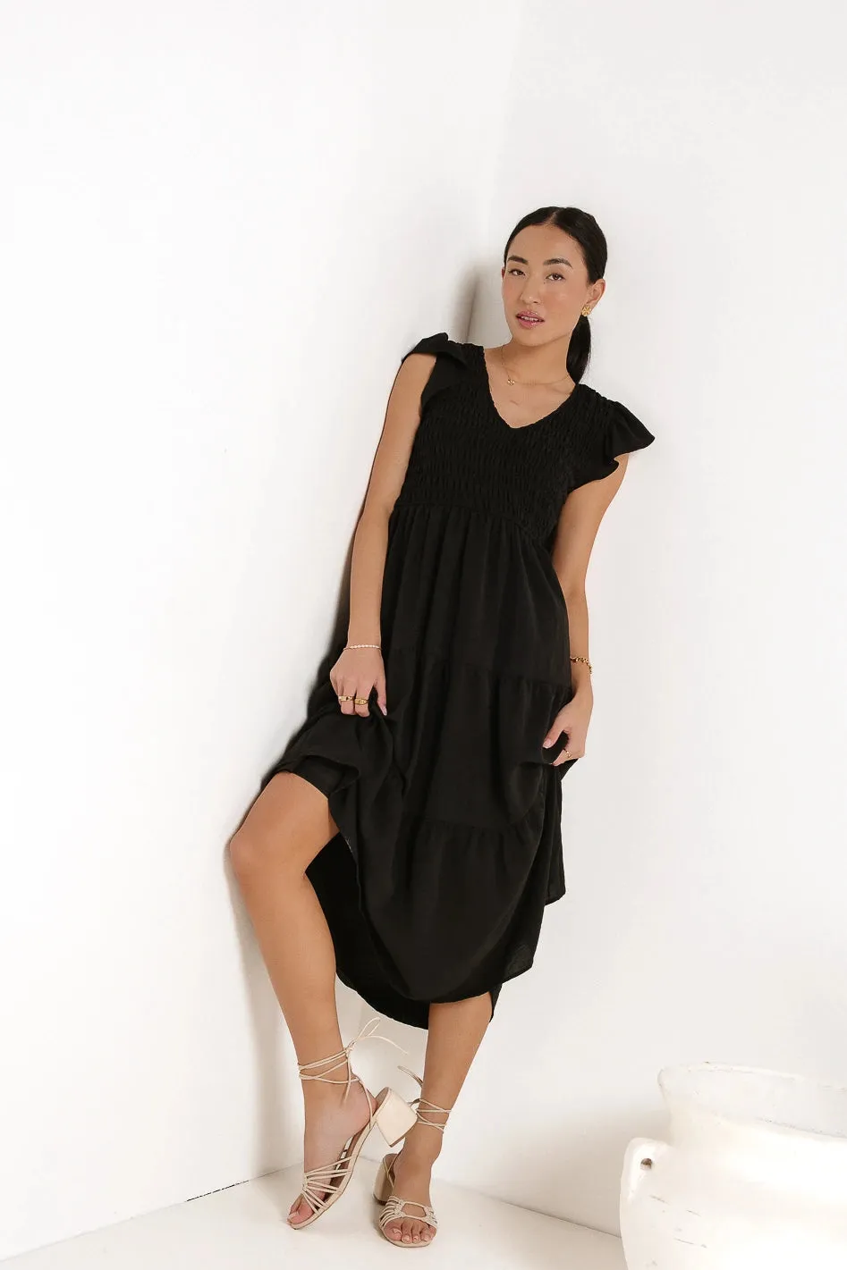 Rain Smocked Midi Dress in Black