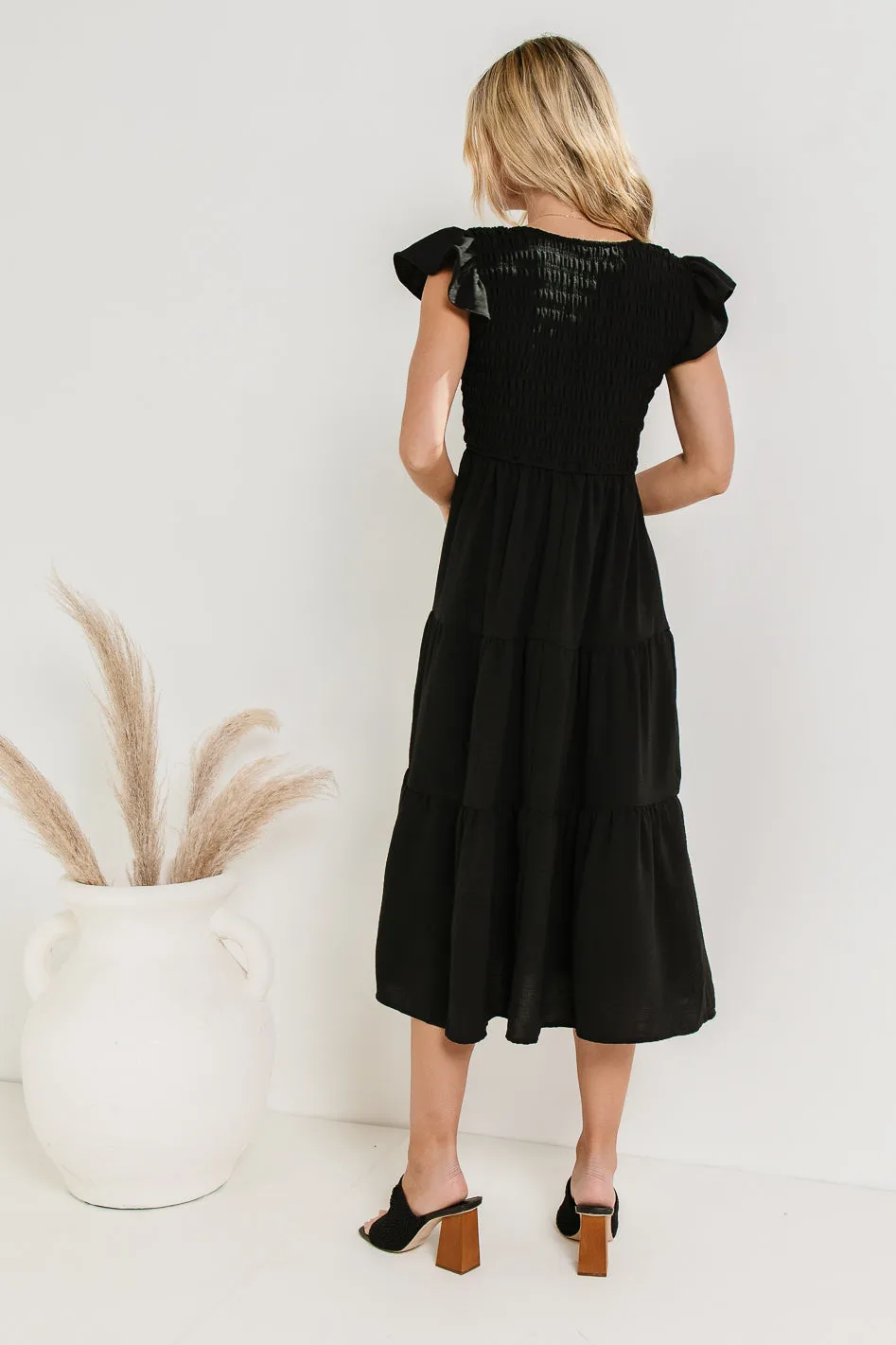 Rain Smocked Midi Dress in Black