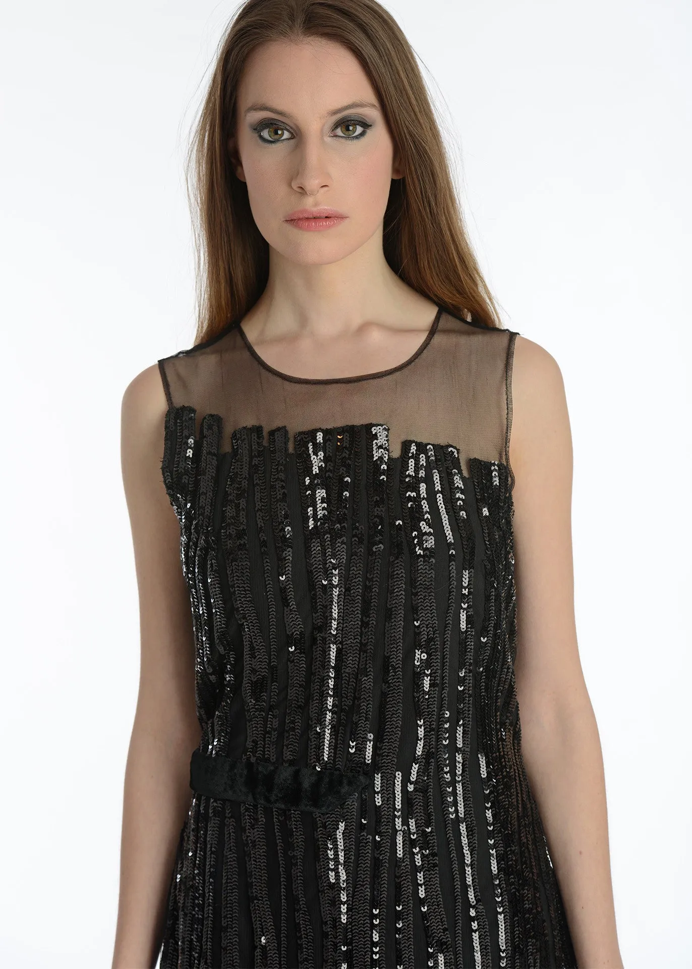 Raina - Sequin stripes sheer paneled dress