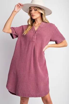 RED BEAN MINERAL WASHED COTTON GAUZE BABYDOLL DRESS