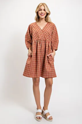 Red Clay Plaid V-Neck Dress with Side Pockets