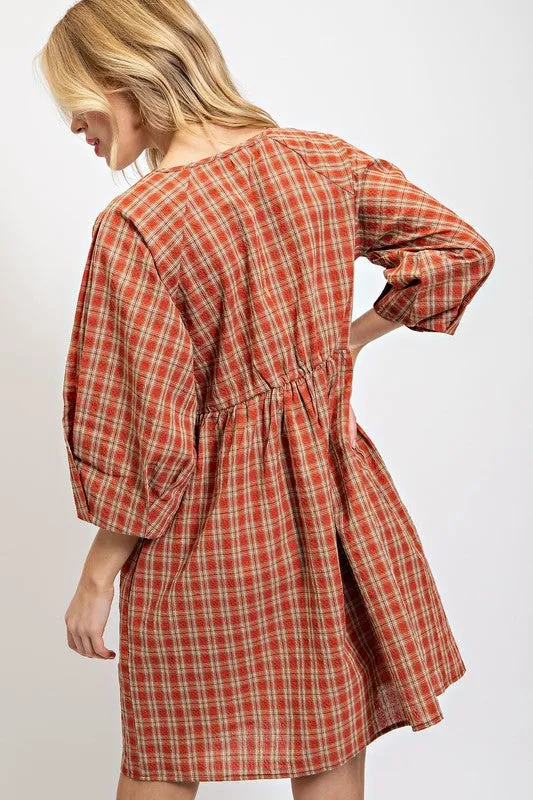 Red Clay Plaid V-Neck Dress with Side Pockets