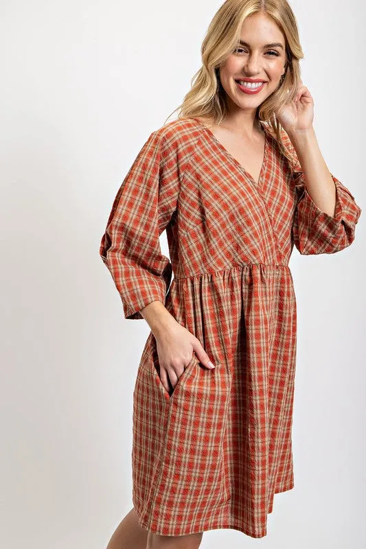 Red Clay Plaid V-Neck Dress with Side Pockets