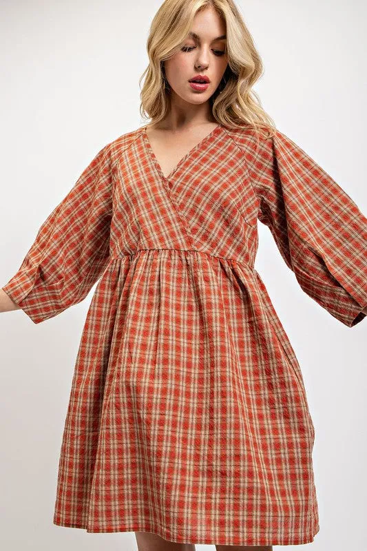 Red Clay Plaid V-Neck Dress with Side Pockets