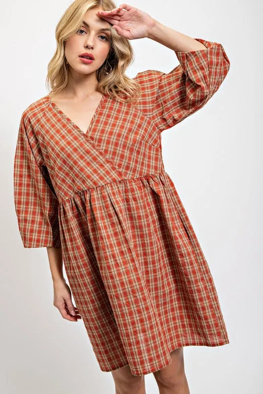 Red Clay Plaid V-Neck Dress with Side Pockets