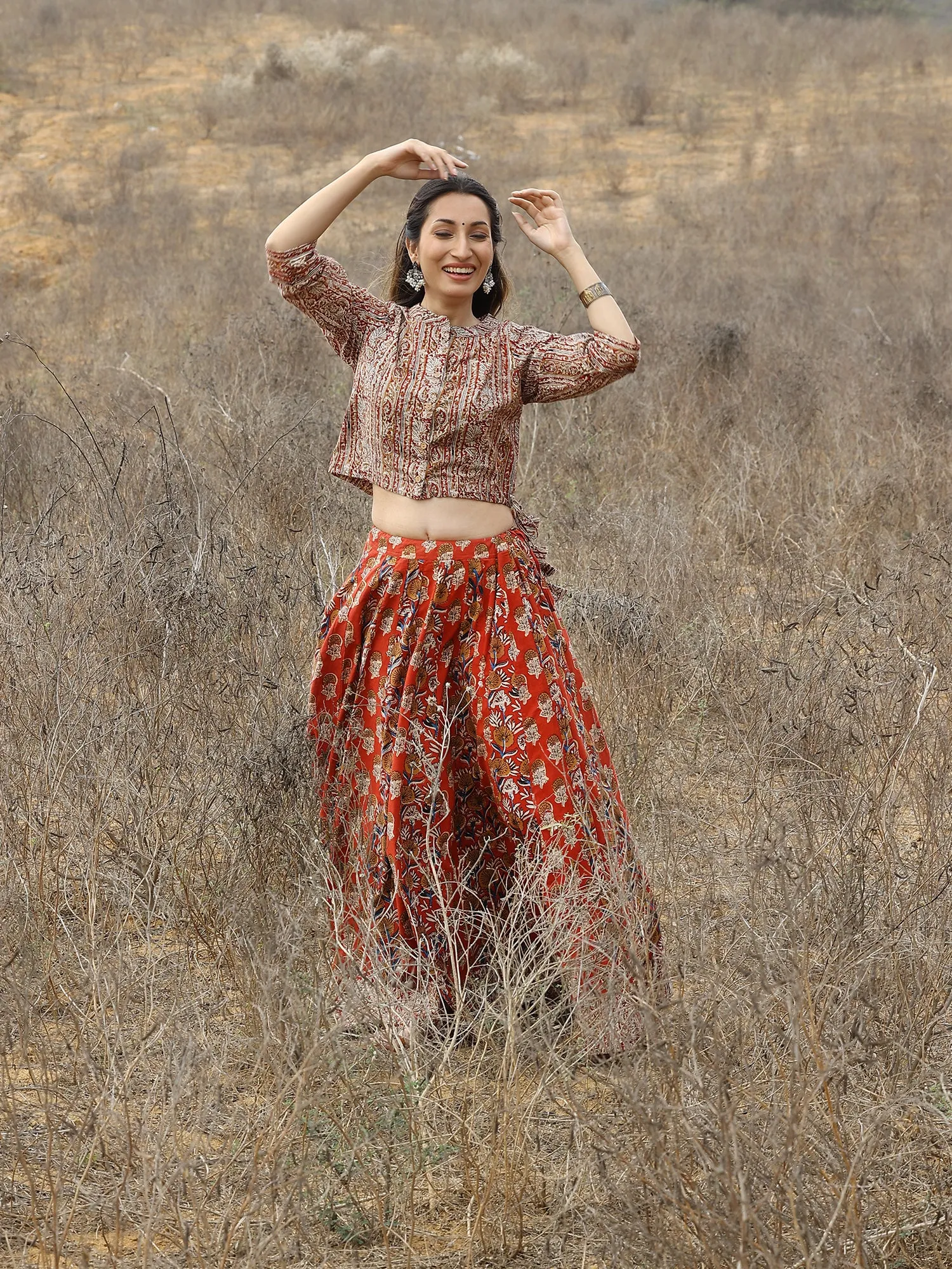 Red Kalamkari Print Cotton Skirt and Top Set