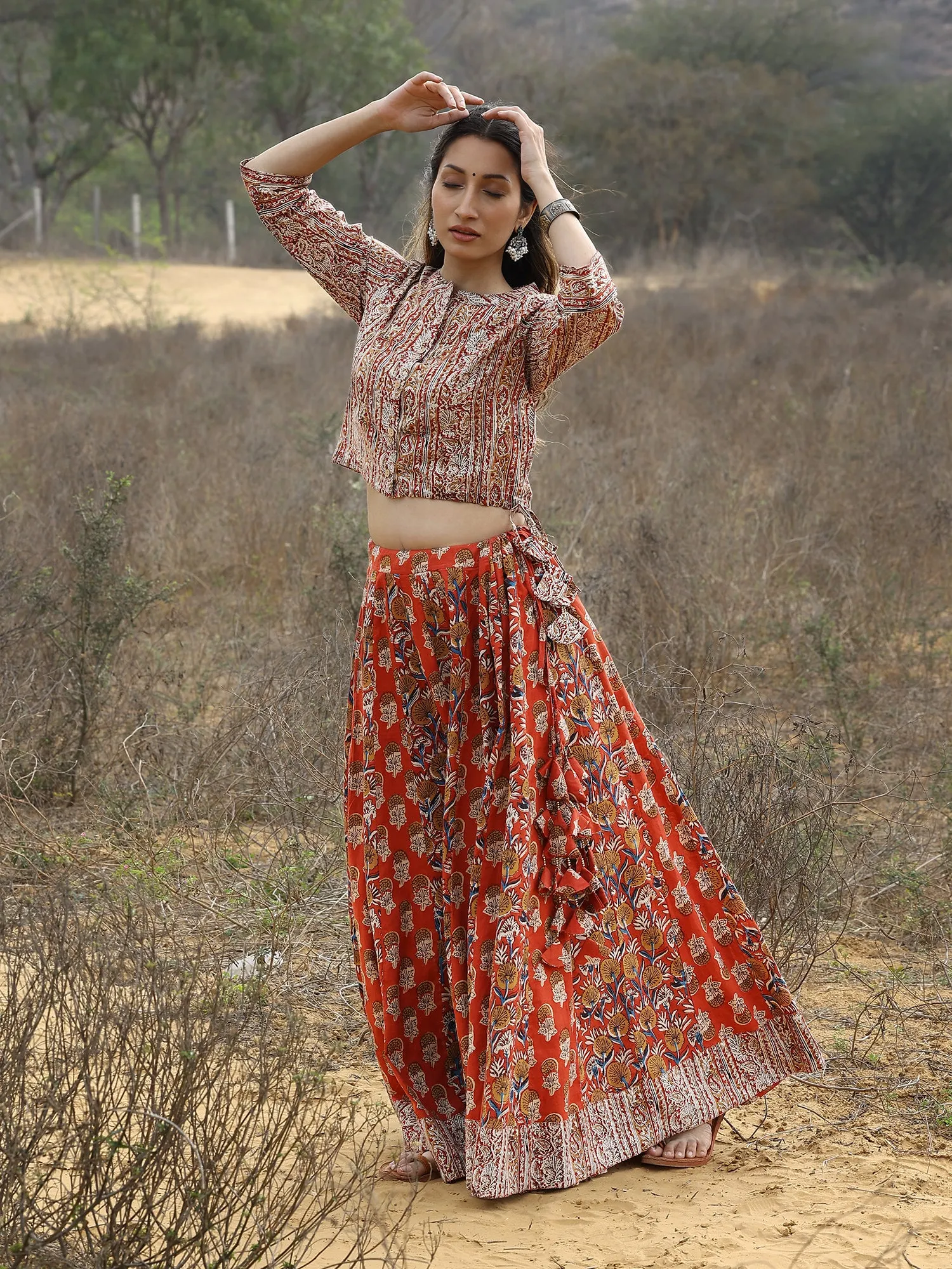 Red Kalamkari Print Cotton Skirt and Top Set