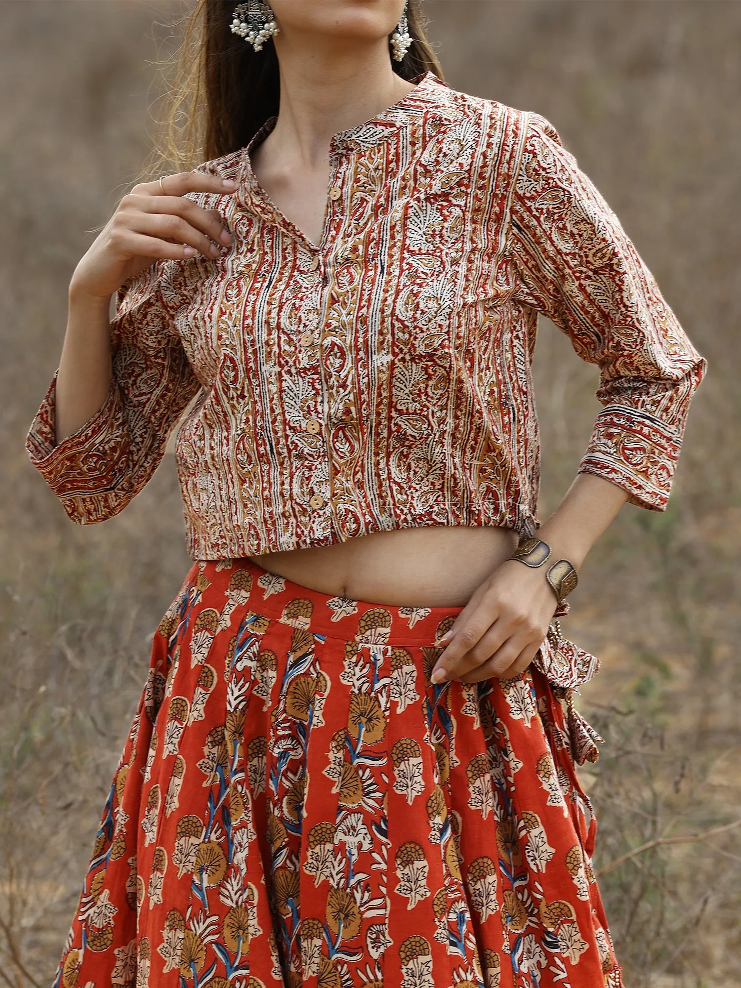 Red Kalamkari Print Cotton Skirt and Top Set