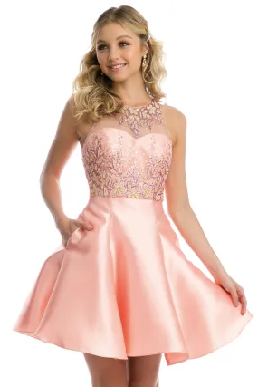 Removable Sheer Overlay Satin Short Homecoming Dress