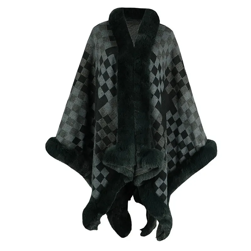 Rhombus Plaid Fur Collar Cape Coat For Women Cardigan Poncho