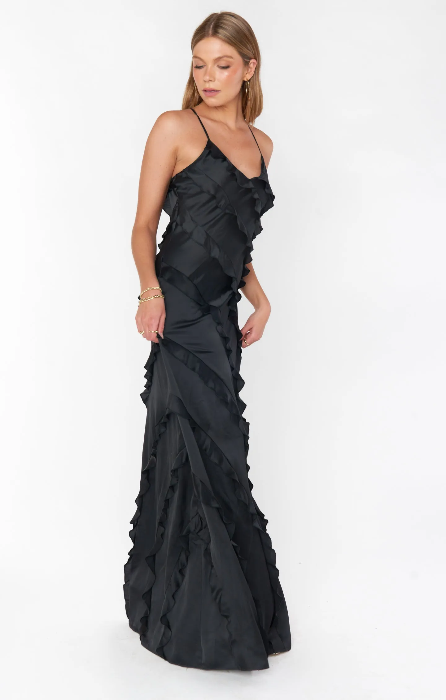 Romance Ruffle Dress ~ Black Luxe Satin