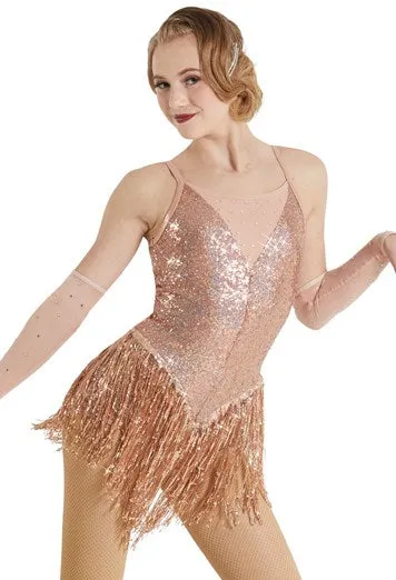 Rose Gold and Golden Sequins Flapper Figure Skating Dress with Mesh Gloves CHILD2XL