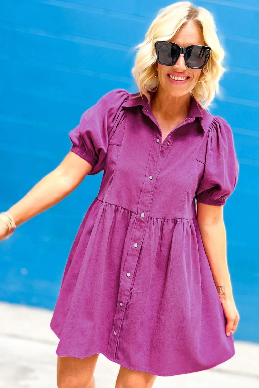 Rose Red Plain Puff Sleeve Collared Babydoll Dress