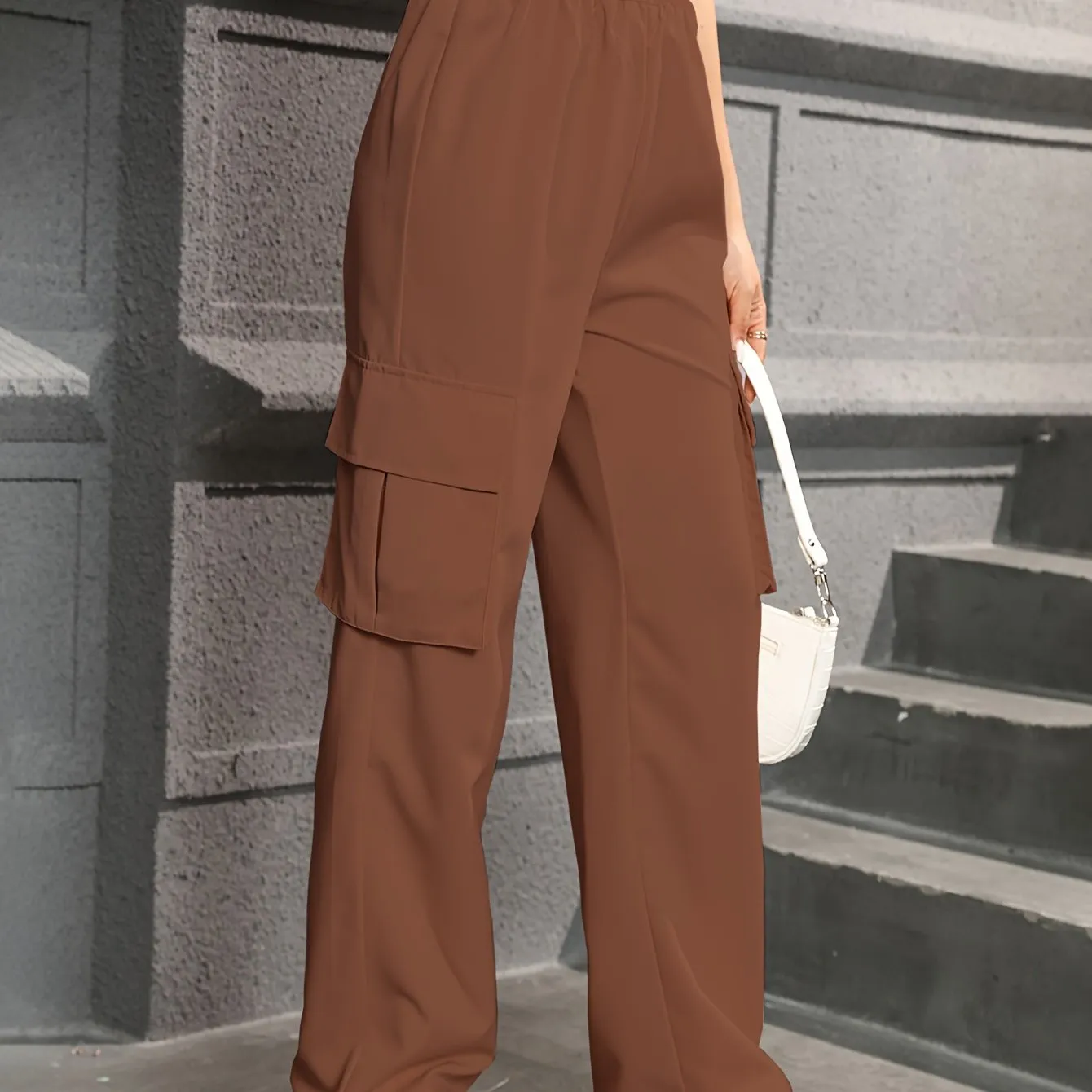 Straight Leg Cargo Pants, Y2K High Waist Solid Pants For Spring & Fall, Women's Clothing