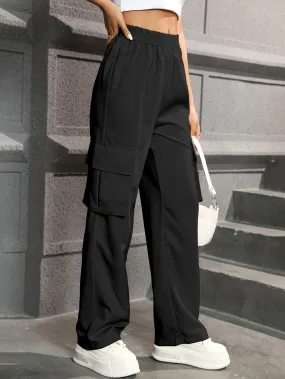 Straight Leg Cargo Pants, Y2K High Waist Solid Pants For Spring & Fall, Women's Clothing