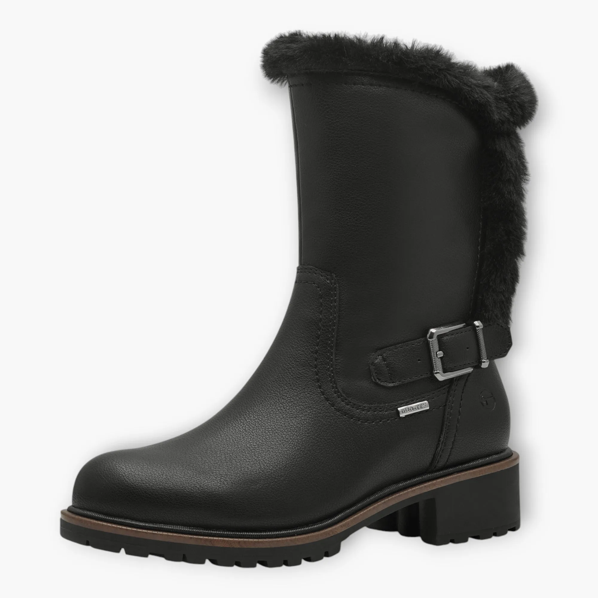 Tamaris Black Boots with Fur Trim & Buckle Detail - Block Heel, Side Zip, Comfort Fit