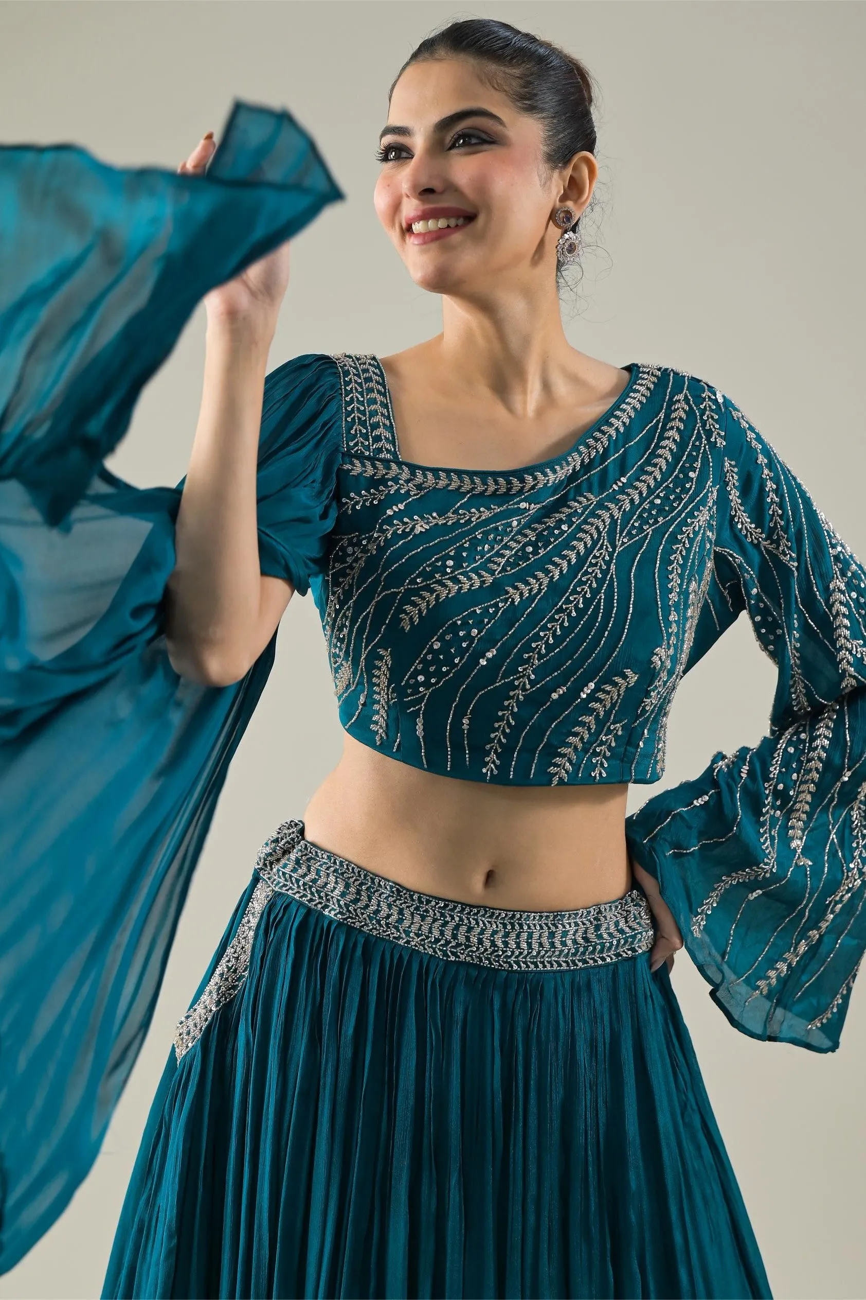 Teal Blue Embellished Chinon Silk Skirt Set