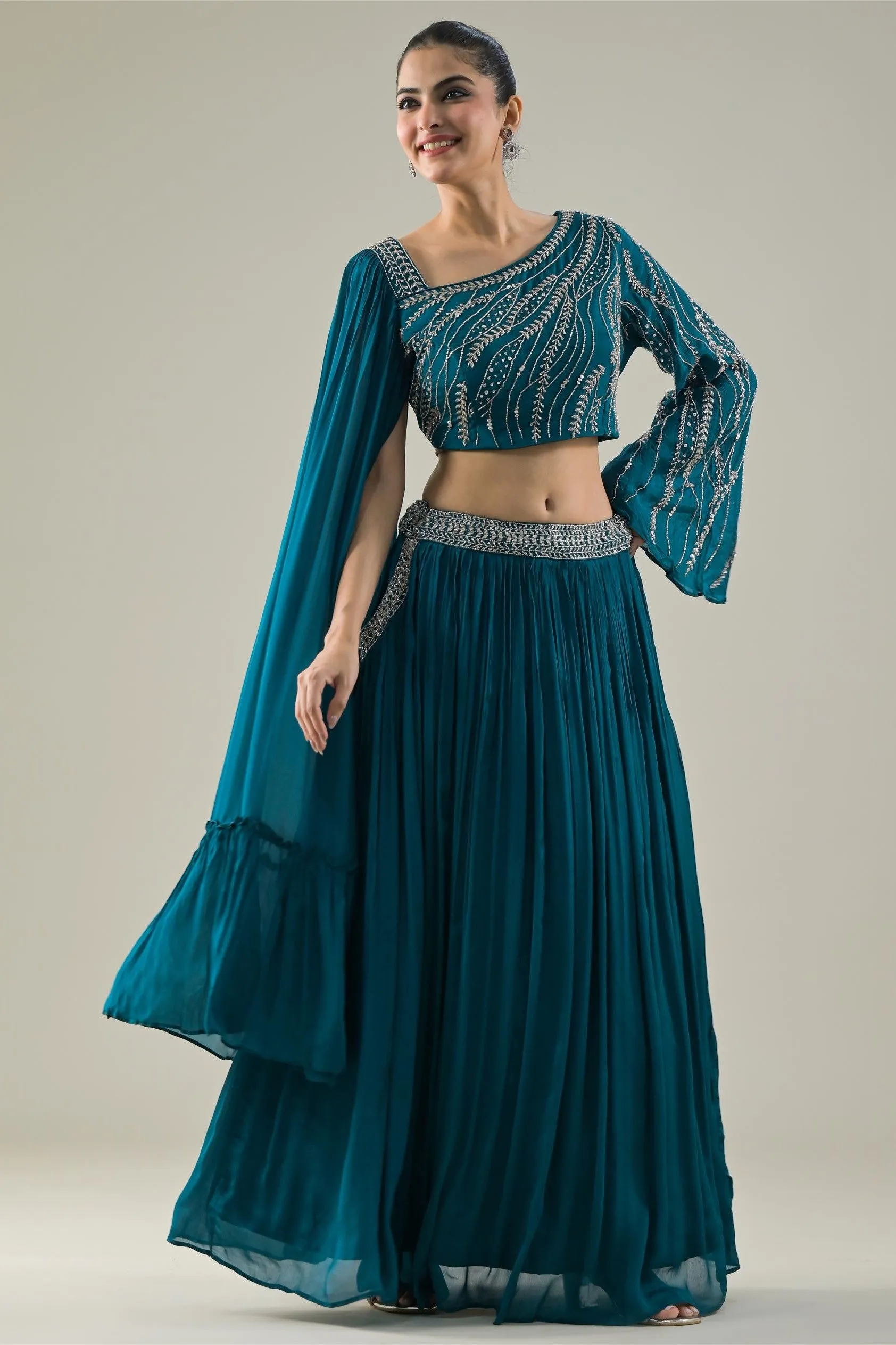 Teal Blue Embellished Chinon Silk Skirt Set