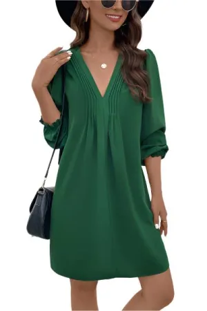 TEEK - Green Ruched V-Neck Flounce Sleeve Dress