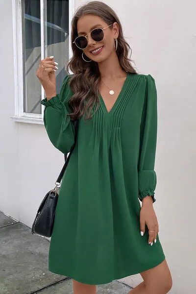 TEEK - Green Ruched V-Neck Flounce Sleeve Dress