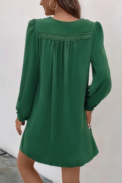 TEEK - Green Ruched V-Neck Flounce Sleeve Dress