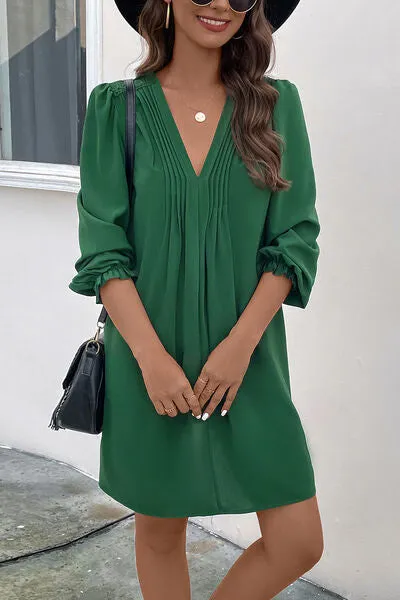 TEEK - Green Ruched V-Neck Flounce Sleeve Dress