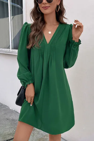 TEEK - Green Ruched V-Neck Flounce Sleeve Dress