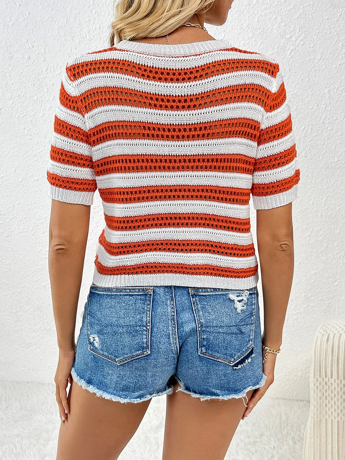 TEEK - Mesh Striped Short Sleeve Knit Top