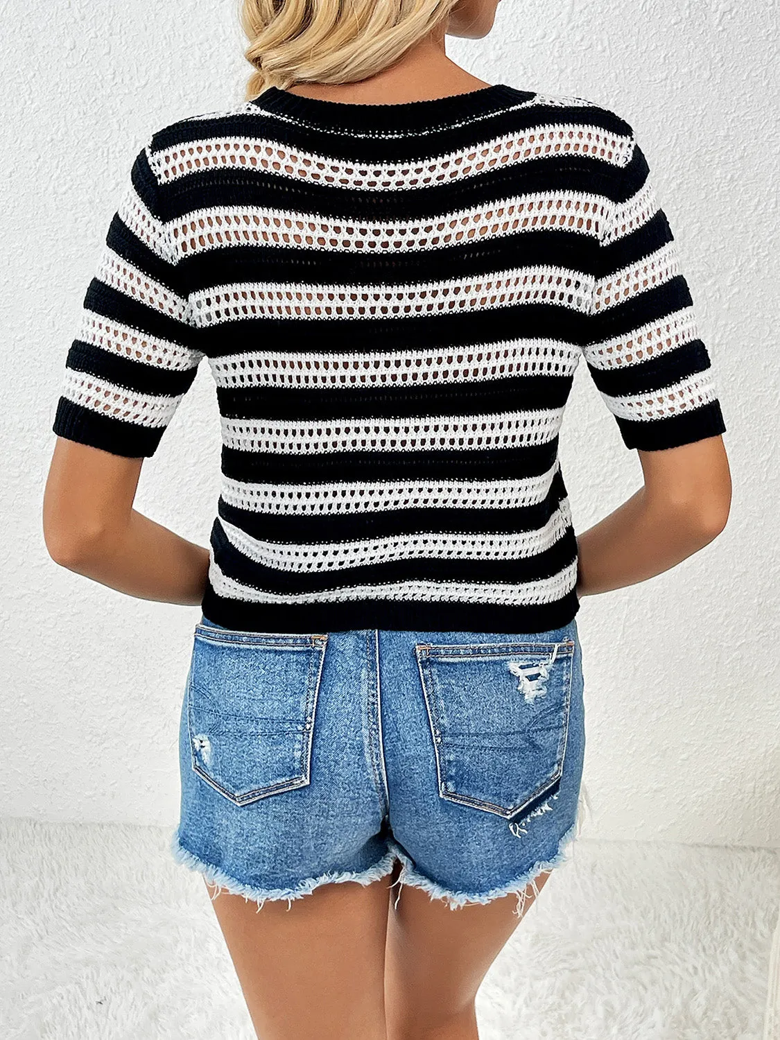 TEEK - Mesh Striped Short Sleeve Knit Top